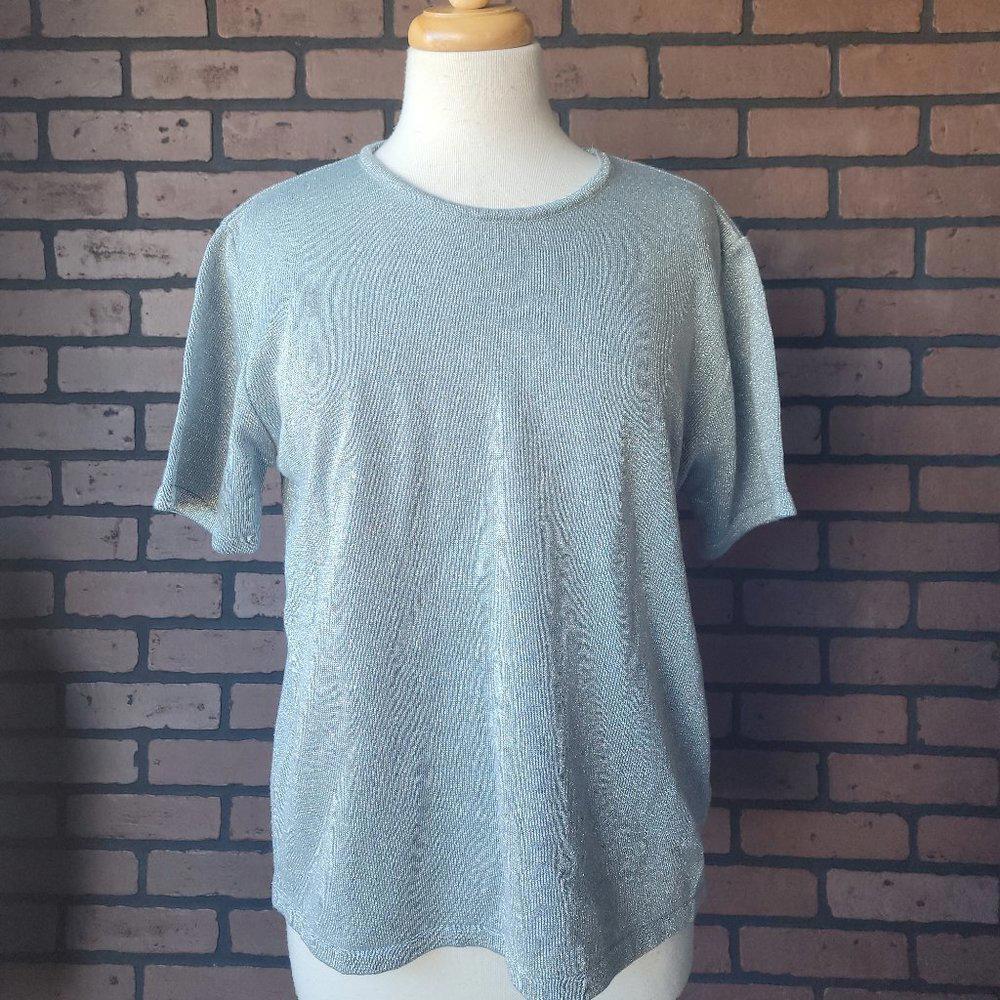 Vintage Joan Leslie Ice Blue Metallic Shimmer Short Sleeve Shirt Size Large